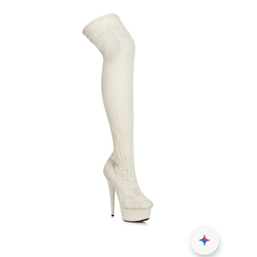 Cream‎ Lace Thigh High Stiletto Stocking Boots Platform Heels Size 6